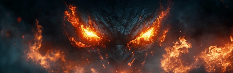 Fierce fire demon engulfed in flames with glowing eyes in dark realm