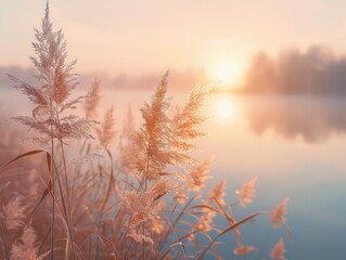 Obraz premium Tranquil sunrise over a lake with soft hues, serene and calming, Nature, Warm tones, Photograph, Morning peace