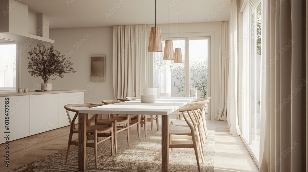 Aufkleber the dining room features a large white table surrounded by wooden chairs and hanging pendant lights.