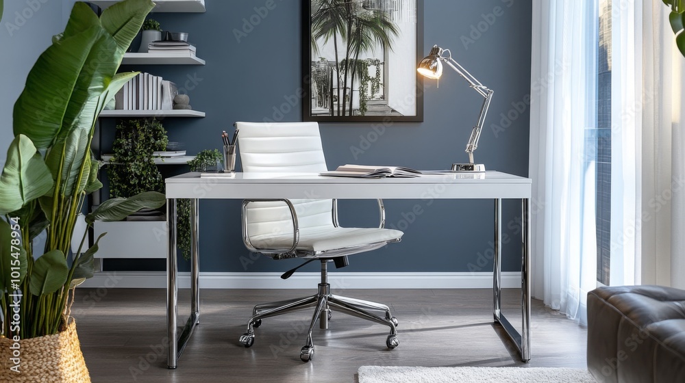 Poster a white desk with a white chair sits in a home office with a plant on the left. the desk is position