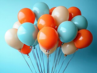 balloons in vibrant orange and blue float against a bright blue background, creating a festive and cheerful atmosphere, perfect for celebrations and joyous occasions