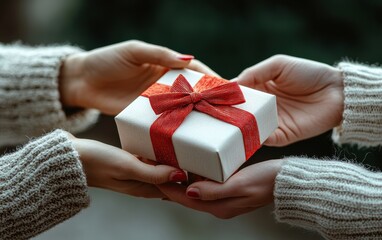 Close-up of hands exchanging a beautifully wrapped gift with red ribbon, representing the spirit of giving and celebration during special occasions like Christmas or birthdays - Powered by Adobe