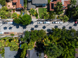 Aerial perspective of a Los Angeles street lined with palm trees, showcasing diverse architecture...