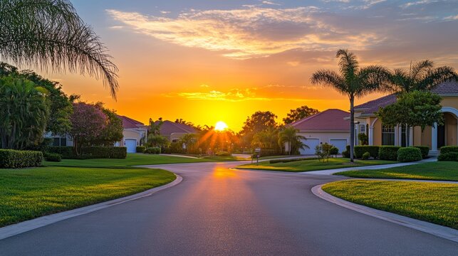 Picturesque Sunset over Upscale Residential Suburbs in Sarasota with Low-Density Homes in Tranquil Cul-De-Sac Setting Peaceful Neighborhood Charm