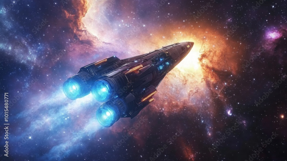 Poster a sleek spacecraft with glowing engines navigates through a vibrant nebula, surrounded by brilliant 