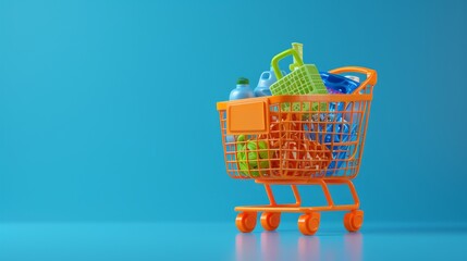 Orange shopping cart filled with various plastic bottles set against a vibrant blue background. The colorful combination creates a modern and playful aesthetic, ideal for consumer goods or shopping