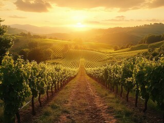 Fototapeta premium breathtaking tokaj vineyards in hungary, featuring rows of grapevines draped across rolling hills, bathed in golden sunlight, representing the beauty of winemaking and natures bounty
