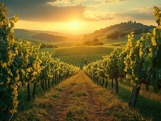Fototapeta premium breathtaking tokaj vineyards in hungary, featuring rows of grapevines draped across rolling hills, bathed in golden sunlight, representing the beauty of winemaking and natures bounty