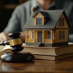 Miniature white house with court gavel, real estate legal representation concept