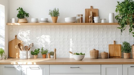 A clean and organized kitchen with white cabinets and wood shelves. The shelves are decorated with plants and utensils, including wooden cutting boards, white bowls, and a white vase