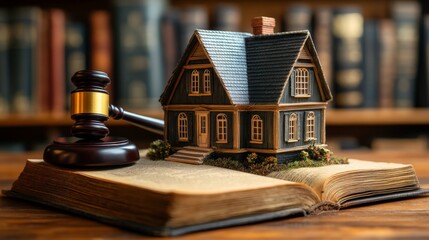 Miniature white house with court gavel, real estate legal representation concept