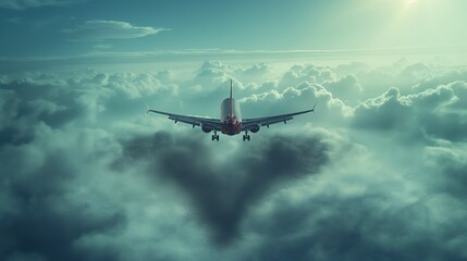 Airplane flying above clouds with heart shape formed by shadow.