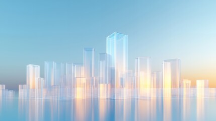 Abstract city skyline with glass buildings reflecting in water.