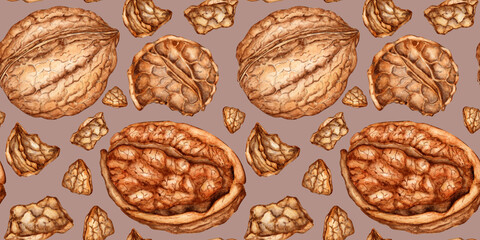 Walnut kernels m shell pattern on brown background watercolor illustration. Realistic texture and natural colors of the shell and kernel of the nut. Ideal for cooking, botanical still lifes, packaging