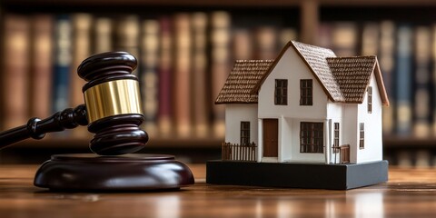 Miniature white house with court gavel, real estate legal representation concept