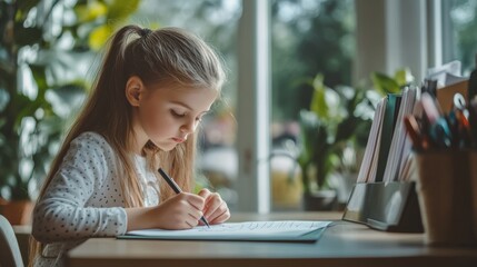 Home study environment for girl student engaged in self-learning writing notes and doing homework at desk emphasizing education and literacy growth