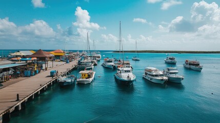 Obraz premium A busy port with numerous boats docked along the wooden pier, surrounded by calm blue waters and a bright sky