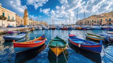 Fototapeta premium A busy port filled with boats tied up at the dock, their vibrant colors standing out against the calm waters and blue sky