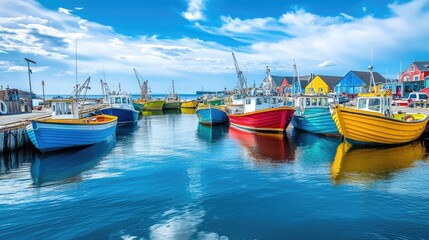 Obraz premium A colorful harbor scene with a variety of boats docked along the pier, set against a bright blue sky and calm waters