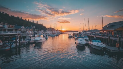 Fototapeta premium A crowded marina with a variety of boats docked at the pier, creating a lively scene of maritime life at sunset