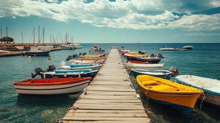 Naklejka premium A lively dock with numerous boats tied along the pier, creating a bustling and energetic scene by the sea
