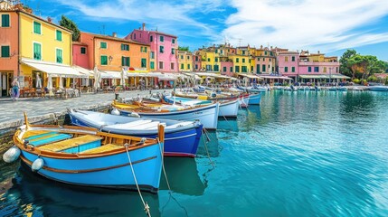 Obraz premium A scenic harbor filled with boats neatly tied to the dock, creating a colorful and lively maritime atmosphere