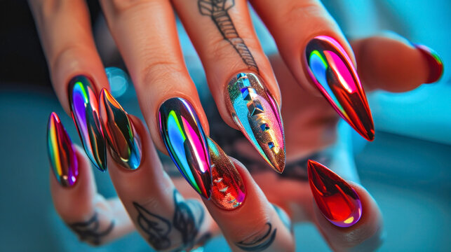 Vibrant holographic nail art and tattoos in bold fashion style. Beauty and hand care concept - Powered by Adobe