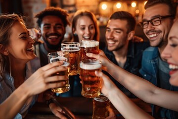 Group of friends gathered in cozy pub, toasting with beer. Six people around table, lively conversation, frothy beer glasses, brick wall, rustic charm.
