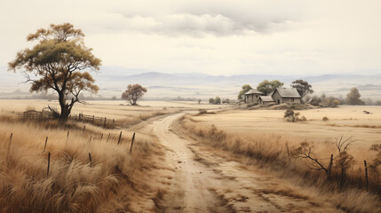Naklejka premium A serene landscape featuring dirt road winding through golden fields, flanked by trees and distant houses.