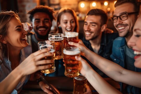 Group of friends gathered in cozy pub, toasting with beer. Six people around table, lively conversation, frothy beer glasses, brick wall, rustic charm. - Powered by Adobe
