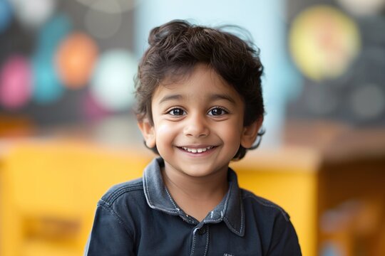 Young Indian boy with curly hair smiles at camera. Wearing blue shirt, looking directly at lens. Colorful mural background, yellow chair contrast. Happy child portrait in studio setting. - Powered by Adobe