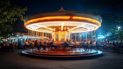 Dynamic Nighttime Carousel Capturing Movement and Joy in Lampung Indonesia - Long Exposure Photography Showcasing Vibrant Carnival Energy and People Enjoying Festivities