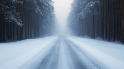 A serene winter landscape featuring snow covered road surrounded by tall, frosty trees. mist creates tranquil atmosphere, inviting exploration and reflection.