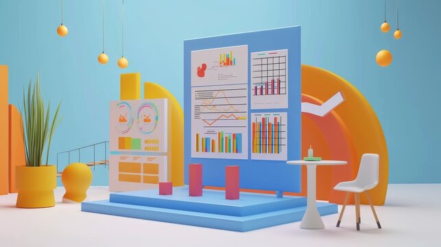 A vibrant 3D office scene with colorful data charts on display, accompanied by modern furniture and decor. The bright colors and creative layout make this image perfect for illustrating business