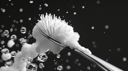 A close-up of a toothbrush head densely covered in foam, with water bubbles floating in the air. The dark background emphasizes the cleanliness and freshness associated with dental care.
