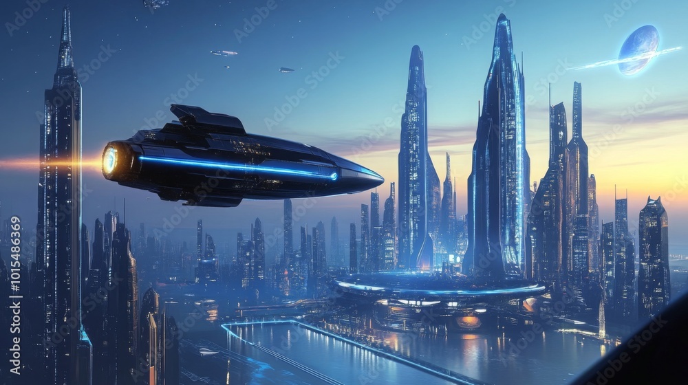 Poster a sleek spaceship soars across a colorful twilight sky, showcasing a skyline filled with towering sk