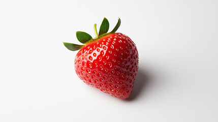 vibrant red strawberry with green leaves on white background. strawberry is fresh and ripe, showcasing its seeds and glossy surface
