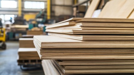 Plywood stack in industrial workshop showcasing raw materials for construction and woodworking projects emphasizing craftsmanship and fabrication environment