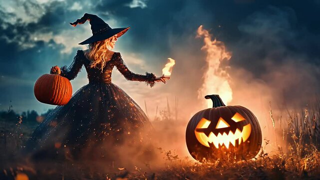 A witch in a black dress and a pointy hat stands in a field with a glowing pumpkin.