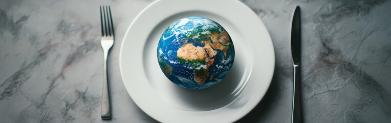 World Food Day concept: globe on plate with cutlery, sustainability theme