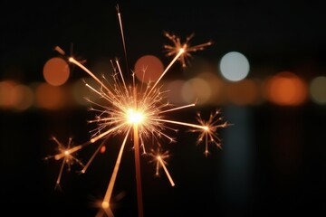 Obraz premium Close-up of a sparkler, with glowing, out-of-focus lights creating a bokeh effect behind it