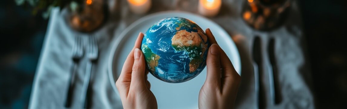 World Food Day concept: globe on plate with cutlery, sustainability theme - Powered by Adobe