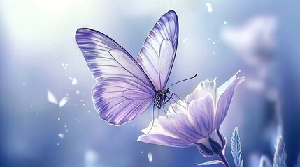   Butterfly flying over purple flower with water droplets and blue sky
