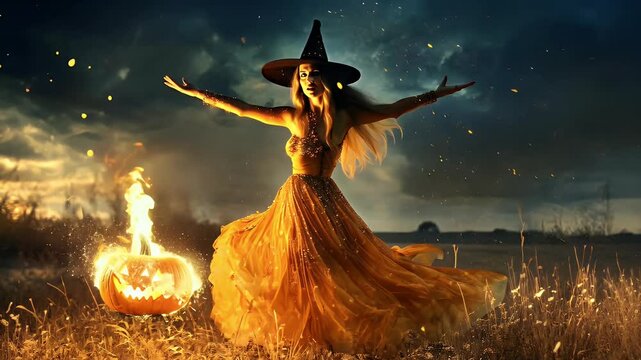A witch in a golden dress stands in a field of tall grass, casting a spell on a burning jack-o'-lantern.