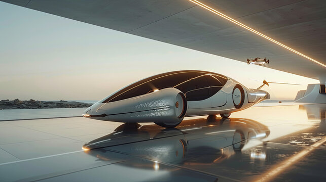 A sleek hyperloop pod alongside a futuristic flying car against a clean, modern backdrop, capturing the innovation and advancements in next-generation transportation