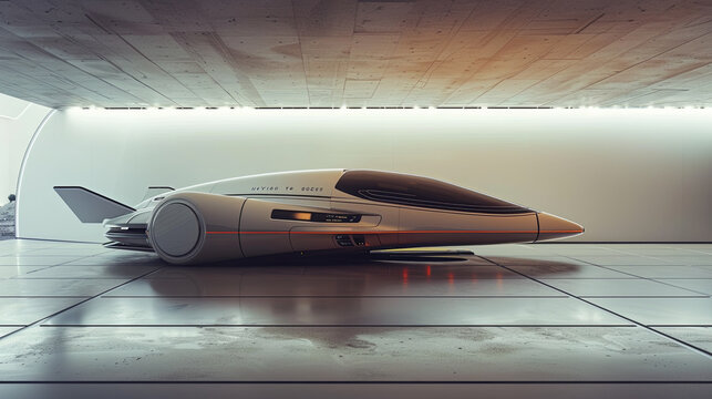 A sleek hyperloop pod alongside a futuristic flying car against a clean, modern backdrop, capturing the innovation and advancements in next-generation transportation