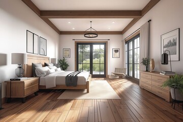 Obraz premium Modern farmhouse bedroom interior design with hardwood floor. Large bed, white comforter, gray blanket, black headboard, natural, wood floor, nightstand, lamp, plant, paintings, dresser, white walls,