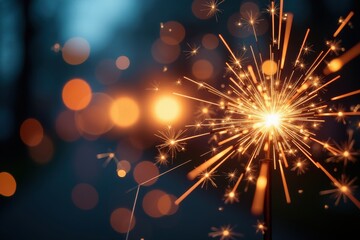 Obraz premium Close-up of a sparkler, with glowing, out-of-focus lights creating a bokeh effect behind it