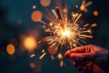 Close-up of a sparkler, with glowing, out-of-focus lights creating a bokeh effect behind it