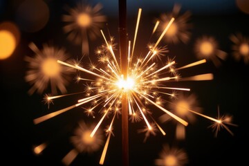 Close-up of a sparkler, with glowing, out-of-focus lights creating a bokeh effect behind it